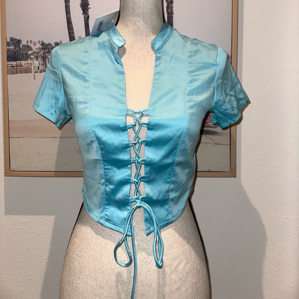 Adika Blue Lace-Up Crop Blouse NWT Size M Vacation Festival